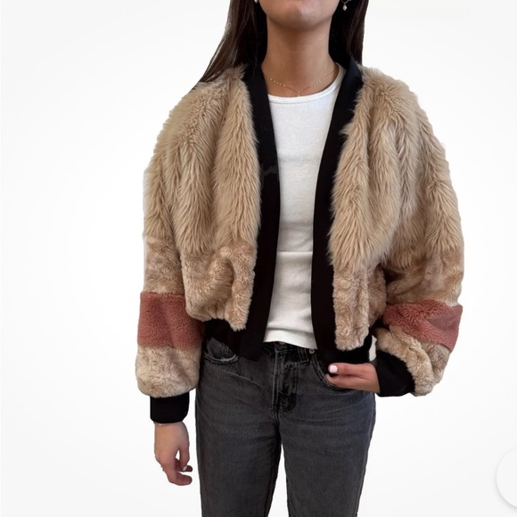 Young Fabulous & Broke Tan and Pink Teddy Jacket - Picture 1 of 11